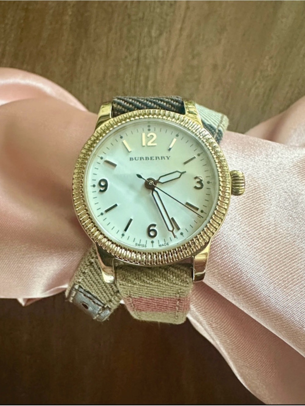 Burberry Utilitarian Gold-Tone Watch with Beige Plaid Strap